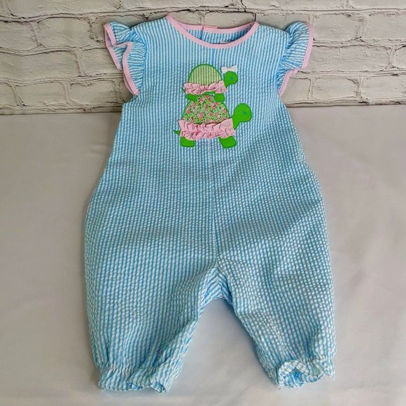 'PETIT AMI' SEERSUCKER PINSTRIPE ANGEL~SLEEVE 'TURTLE LOVE' BUBBLE STYLE OUTFIT - Picture 3 of 16